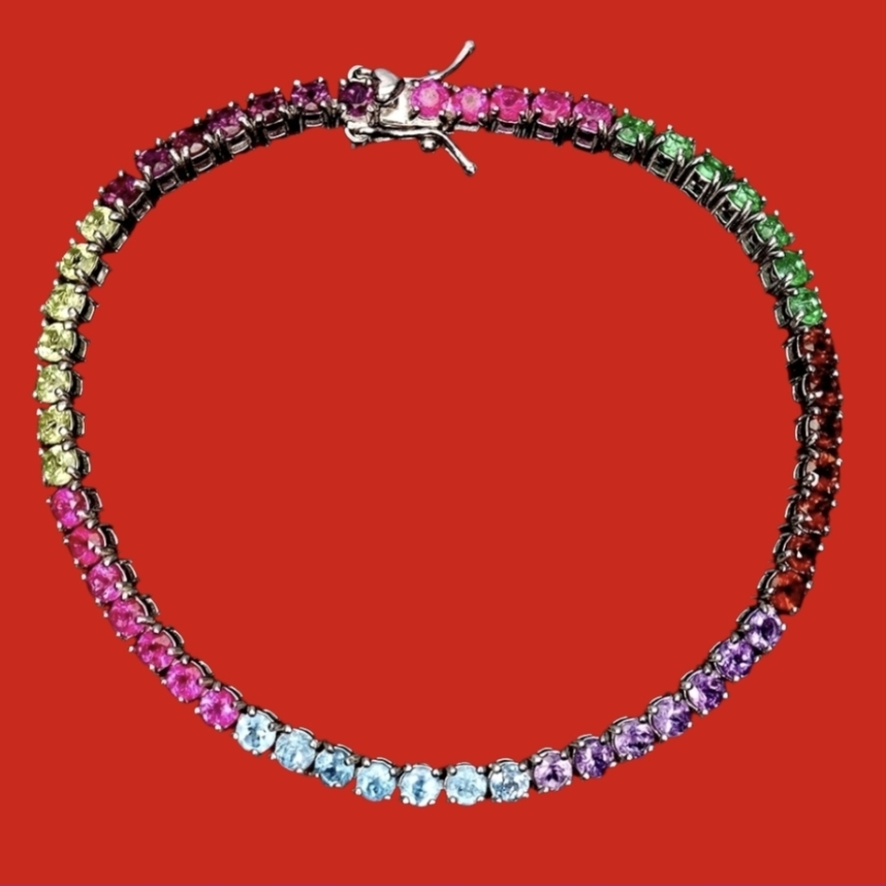 925 Sterling Silver Bracelet 7" with Natural Rhodolite, Amethyst, Topaz Gems
